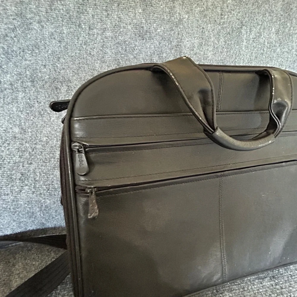 Dell Black Leather Laptop Briefcase Messenger Bag Business Travel Case